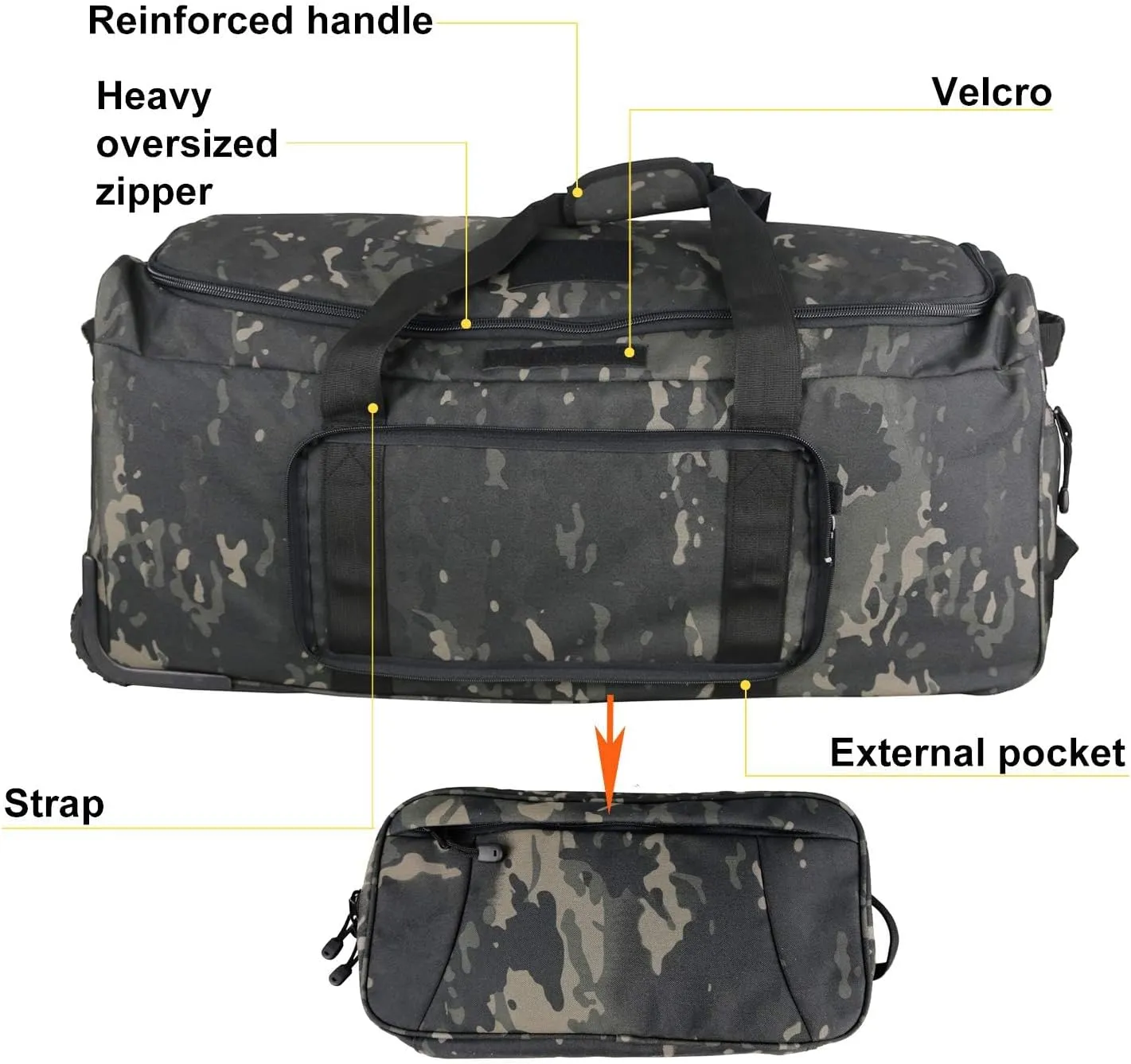 Military Wheeled Deployment Bag Large Tactical Heavy Duty Duffel Bag for Camping Hiking (Black Camo)