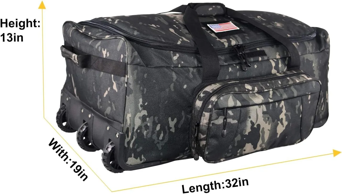 Military Wheeled Deployment Bag Large Tactical Heavy Duty Duffel Bag for Camping Hiking (Black Camo)