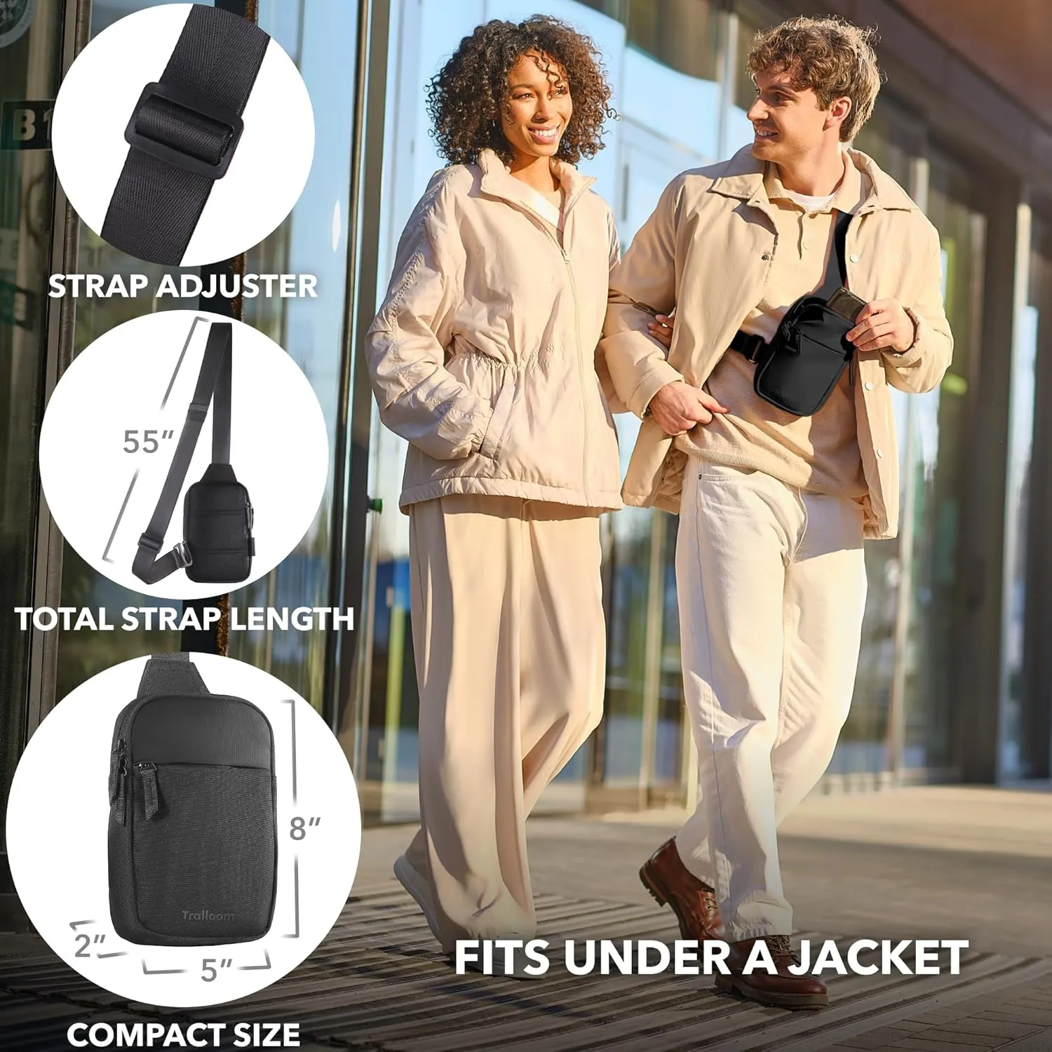 Mini Sling Bag Crossbody Fanny Pack Men & Women - Switchable Strap, RFID Blocking, Water-Repellent,Hidden Pocket - Chest Purse for Travel, EDC, Phone Holder, Small Shoulder pouch (Black)