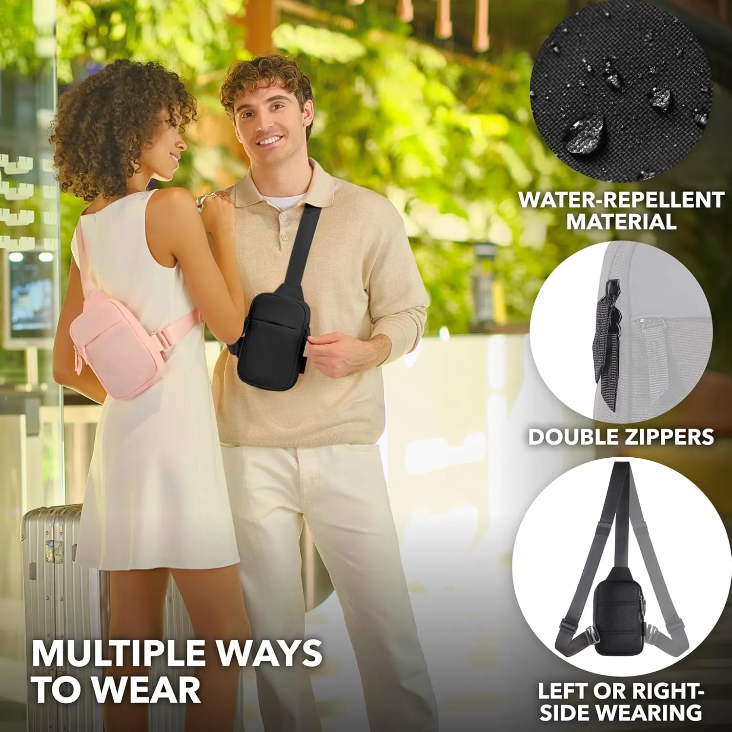 Mini Sling Bag Crossbody Fanny Pack Men & Women - Switchable Strap, RFID Blocking, Water-Repellent,Hidden Pocket - Chest Purse for Travel, EDC, Phone Holder, Small Shoulder pouch (Black)
