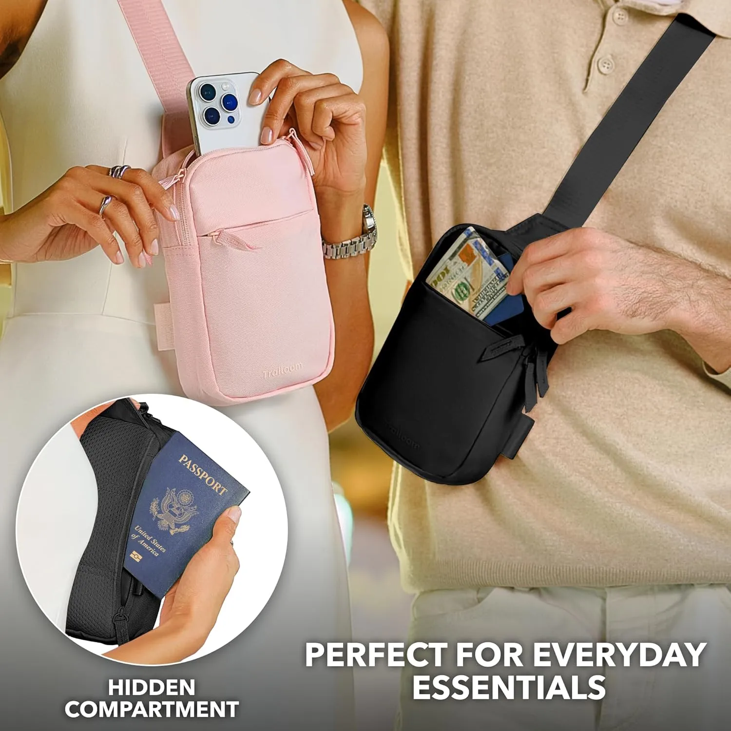 Mini Sling Bag Crossbody Fanny Pack Men & Women - Switchable Strap, RFID Blocking, Water-Repellent,Hidden Pocket - Chest Purse for Travel, EDC, Phone Holder, Small Shoulder pouch (Black)