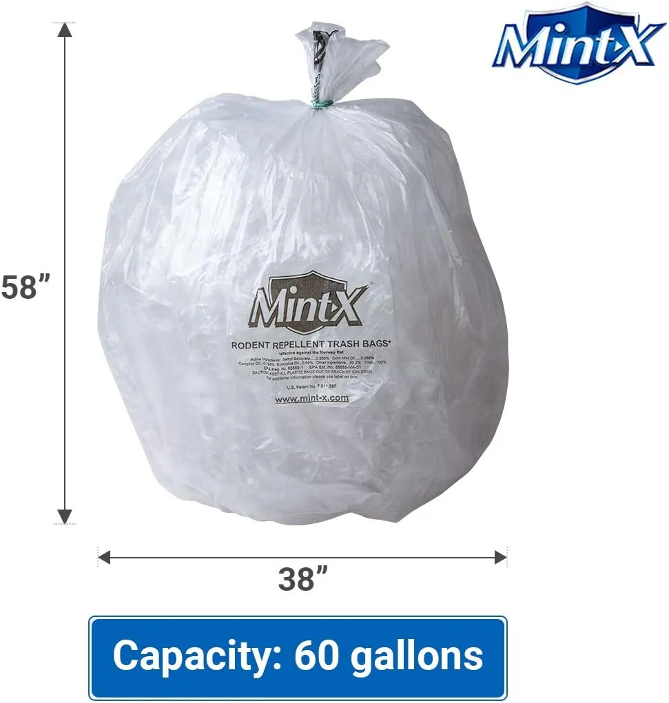 Mint-X Rodent Repellent Trash Bags, 1.3 Mil, Flat Seal, 58" Height x 38" Length, Clear (Pack of 100) (MX3858XHC)