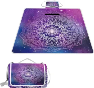 MNSRUU Picnic Blanket Waterproof Foldable, Mandala with Galaxy Large Outdoor Picnic Blanket Beach Blankets Camping Blanket Travel Mat, Shoulder Strap Tote, Rectangle 57x59in