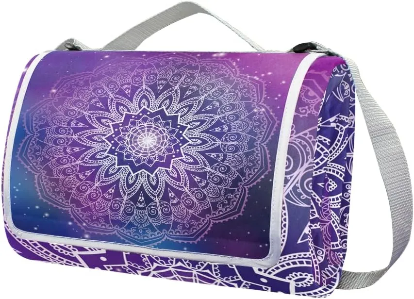 MNSRUU Picnic Blanket Waterproof Foldable, Mandala with Galaxy Large Outdoor Picnic Blanket Beach Blankets Camping Blanket Travel Mat, Shoulder Strap Tote, Rectangle 57x59in