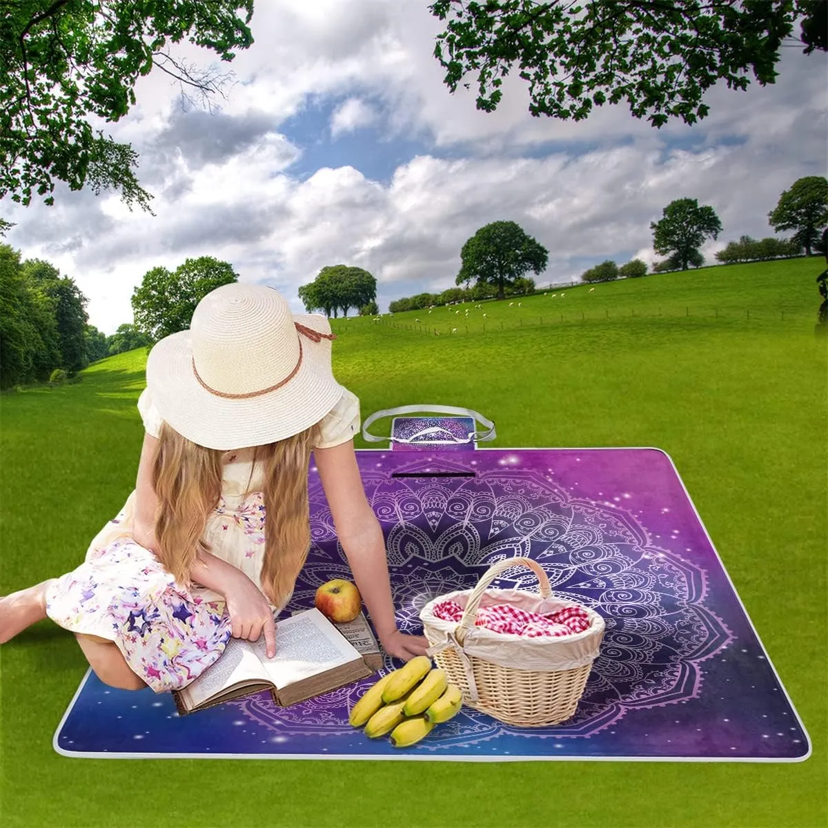 MNSRUU Picnic Blanket Waterproof Foldable, Mandala with Galaxy Large Outdoor Picnic Blanket Beach Blankets Camping Blanket Travel Mat, Shoulder Strap Tote, Rectangle 57x59in