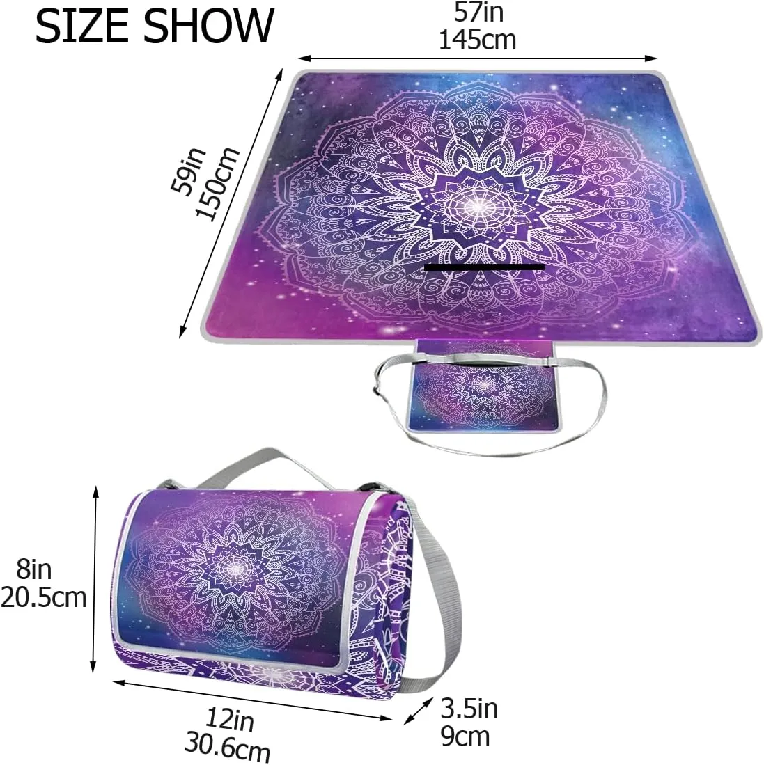 MNSRUU Picnic Blanket Waterproof Foldable, Mandala with Galaxy Large Outdoor Picnic Blanket Beach Blankets Camping Blanket Travel Mat, Shoulder Strap Tote, Rectangle 57x59in