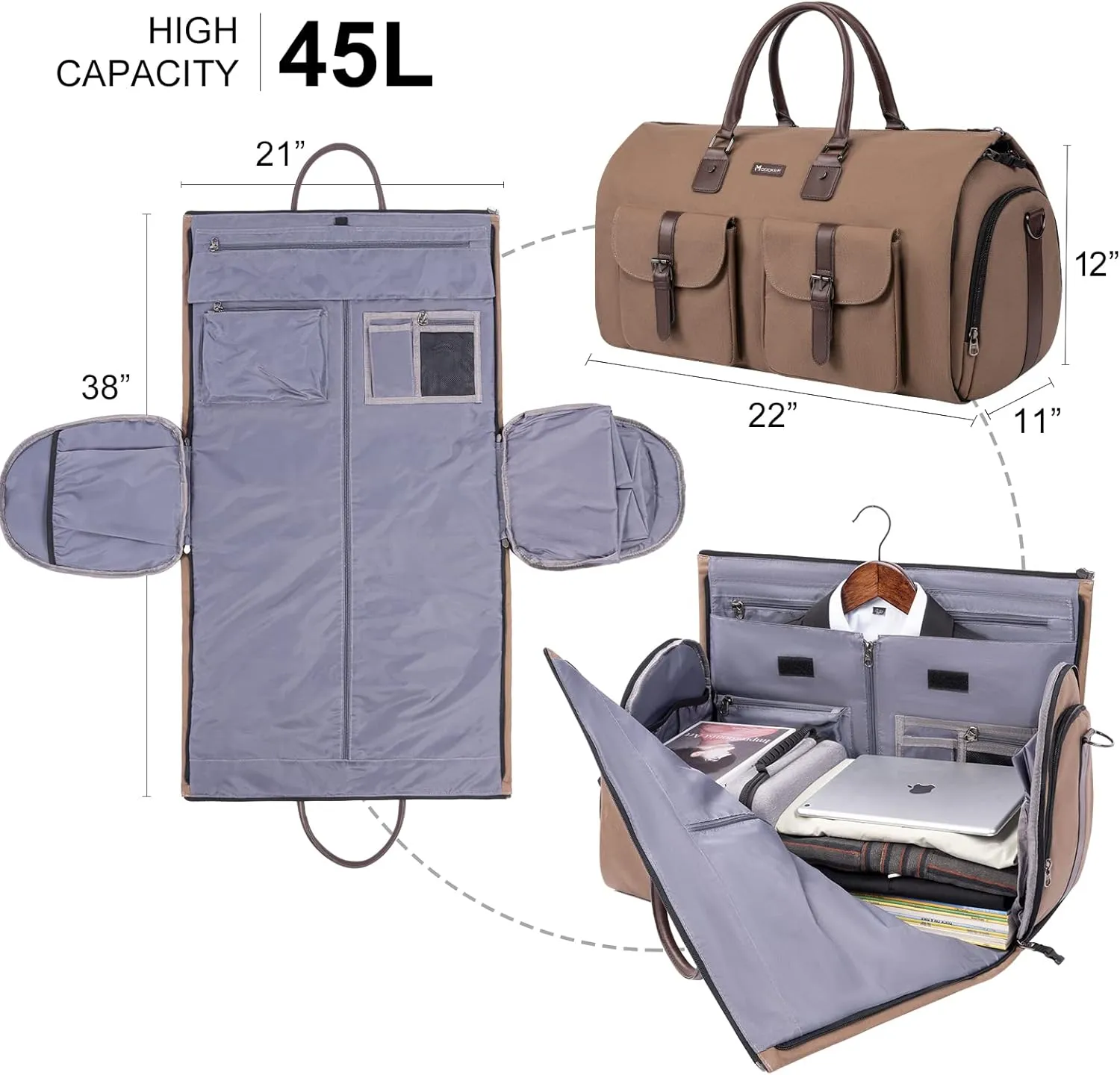 Modoker Garment Convertible Weekender Bag,Carry on Canvas Garment Duffle Bag Heavy Duty Overnight Bags for Men Women