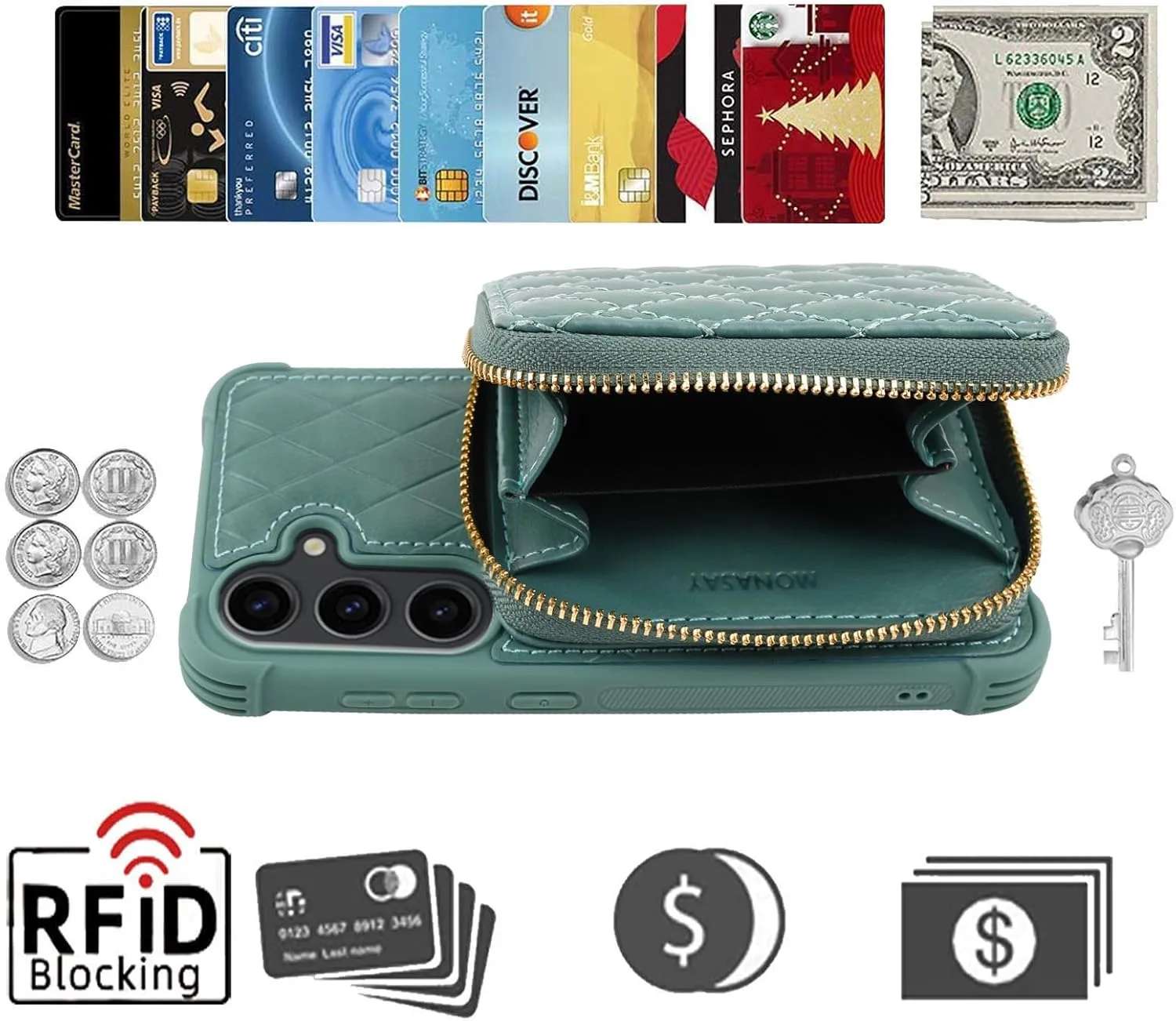 MONASAY Crossbody Wallet Case Compatible for Samsung Galaxy S24 6.2 inch[Glass Lens and Screen Protector] Zipper Leather Phone Cover with Card Holder and Handbag Shoulder Lanyard Strap, Light Green