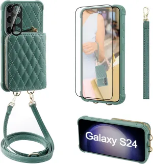 MONASAY Crossbody Wallet Case Compatible for Samsung Galaxy S24 6.2 inch[Glass Lens and Screen Protector] Zipper Leather Phone Cover with Card Holder and Handbag Shoulder Lanyard Strap, Light Green
