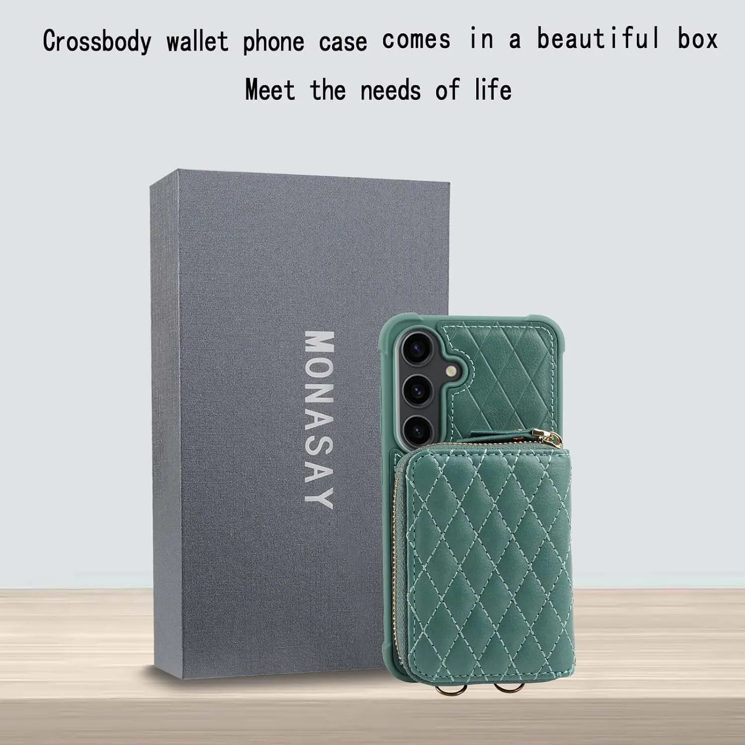 MONASAY Crossbody Wallet Case Compatible for Samsung Galaxy S24 6.2 inch[Glass Lens and Screen Protector] Zipper Leather Phone Cover with Card Holder and Handbag Shoulder Lanyard Strap, Light Green