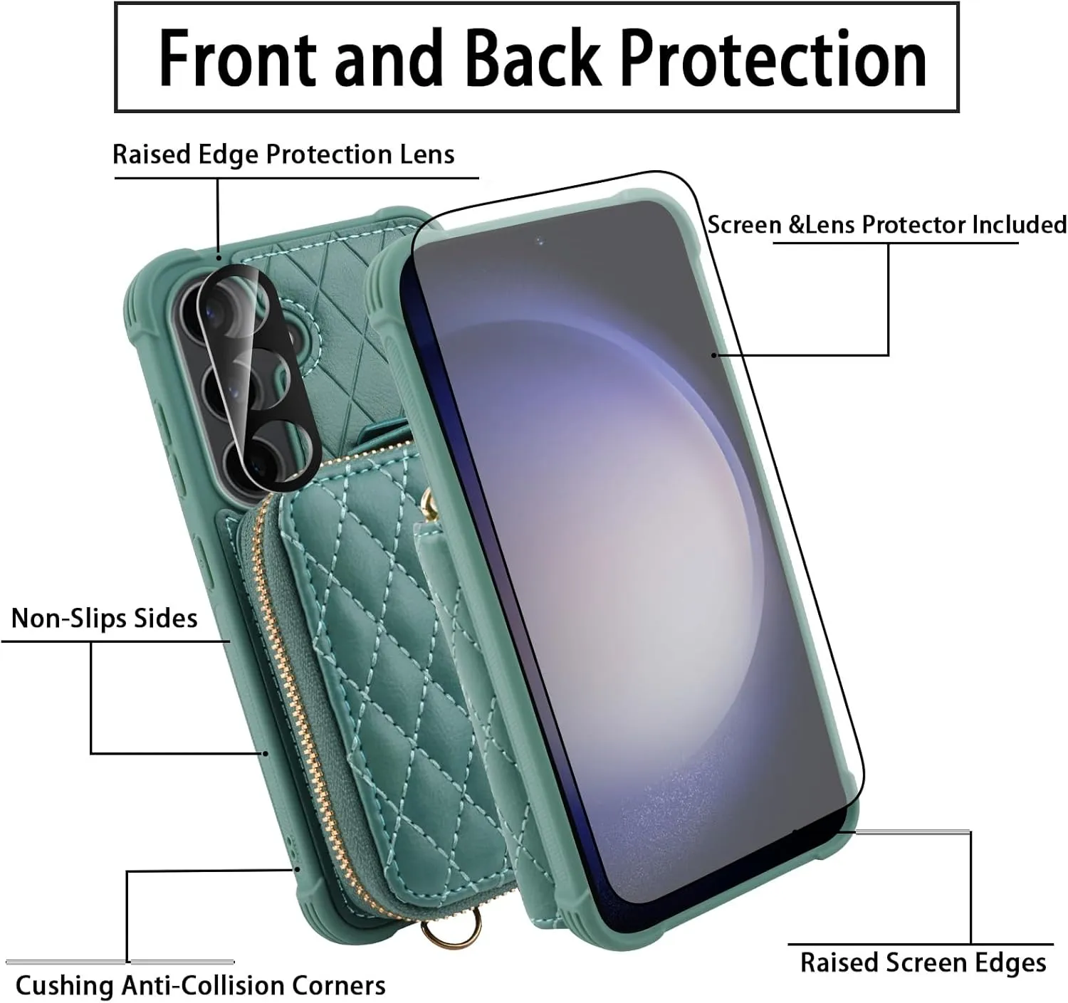 MONASAY Crossbody Wallet Case Compatible for Samsung Galaxy S24 6.2 inch[Glass Lens and Screen Protector] Zipper Leather Phone Cover with Card Holder and Handbag Shoulder Lanyard Strap, Light Green