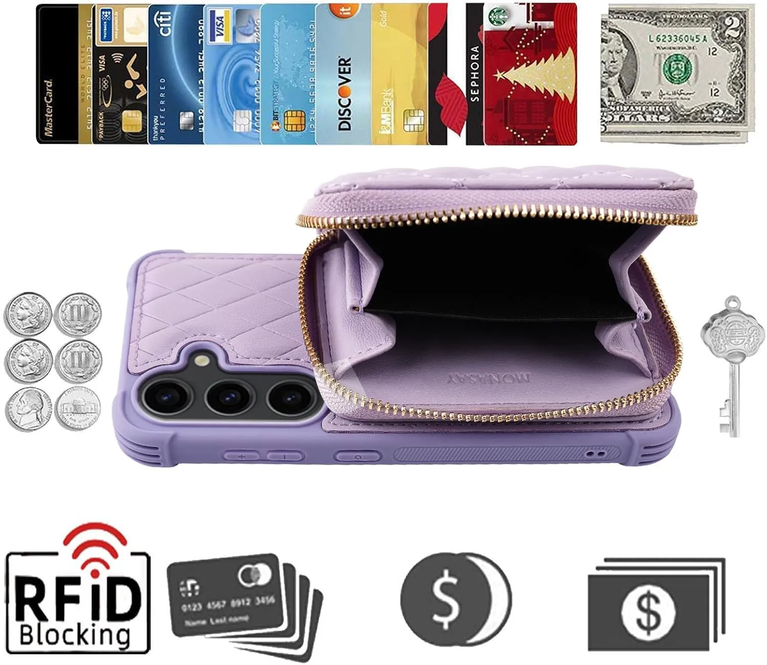 MONASAY Crossbody Wallet Case Compatible for Samsung Galaxy S24  Plus 6.7 inch[Glass Lens and Screen Protector] Zipper Phone Cover with Card Holder and Handbag Shoulder Lanyard Strap, Light Purple