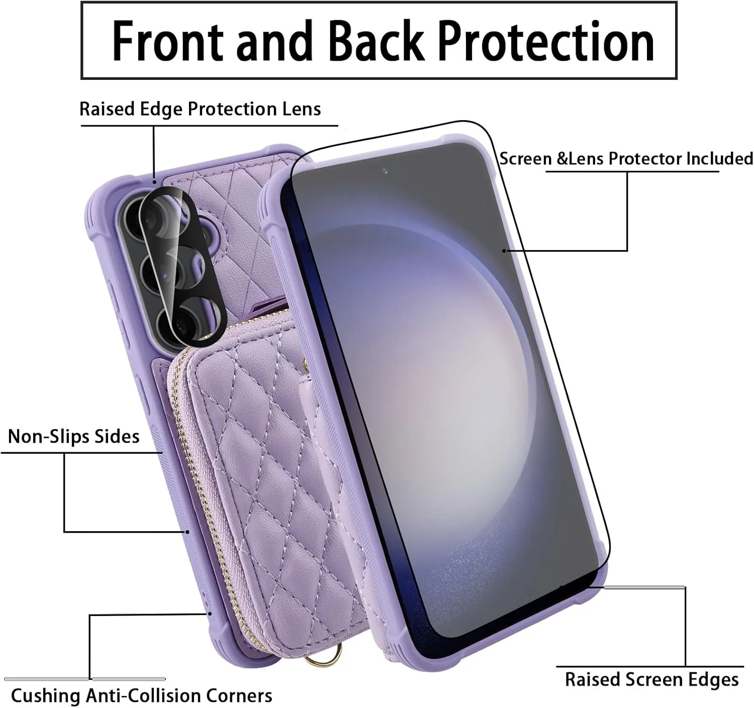 MONASAY Crossbody Wallet Case Compatible for Samsung Galaxy S24  Plus 6.7 inch[Glass Lens and Screen Protector] Zipper Phone Cover with Card Holder and Handbag Shoulder Lanyard Strap, Light Purple