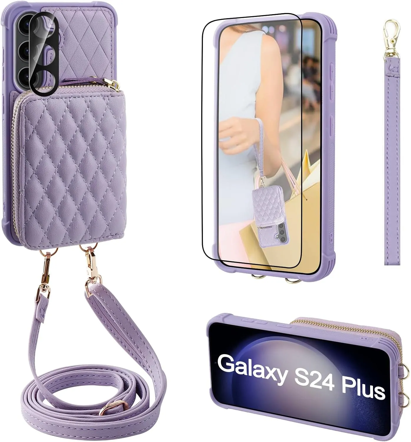 MONASAY Crossbody Wallet Case Compatible for Samsung Galaxy S24  Plus 6.7 inch[Glass Lens and Screen Protector] Zipper Phone Cover with Card Holder and Handbag Shoulder Lanyard Strap, Light Purple