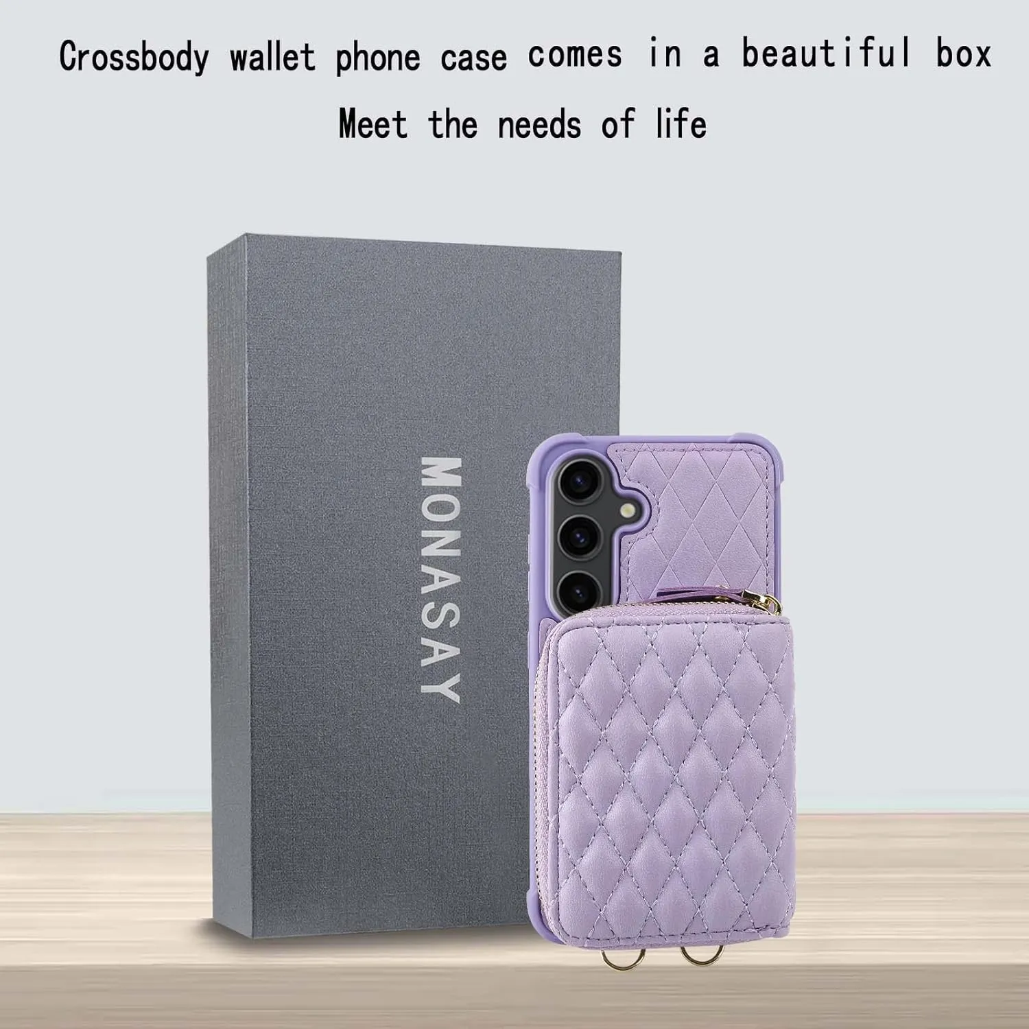 MONASAY Crossbody Wallet Case Compatible for Samsung Galaxy S24  Plus 6.7 inch[Glass Lens and Screen Protector] Zipper Phone Cover with Card Holder and Handbag Shoulder Lanyard Strap, Light Purple
