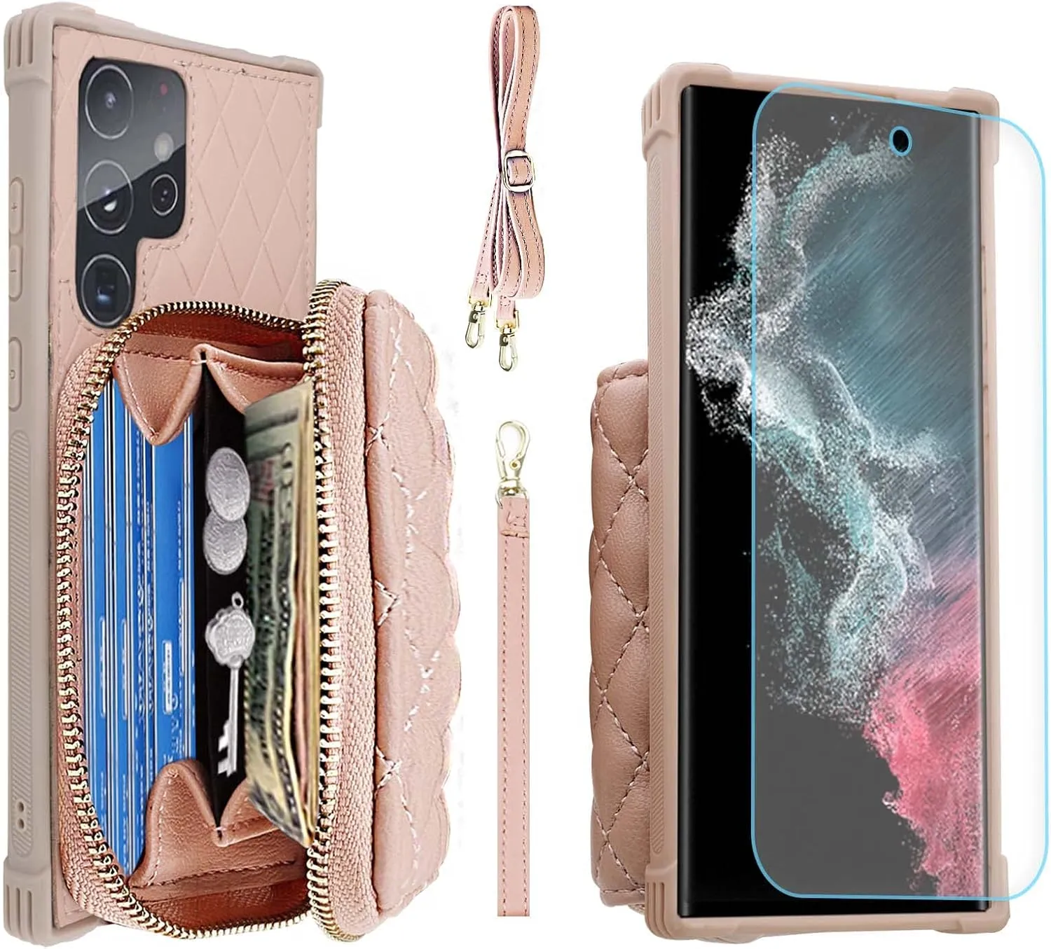 MONASAY Zipper Wallet Case Fit for Galaxy S22 Ultra 5G, [Screen Protector ][RFID Blocking] Flip Leather Handbag Phone Cover with Card Holder and Crossbody Shoulder Lanyard Strap, Rosegold