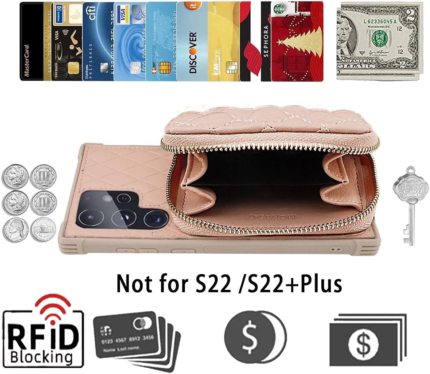 MONASAY Zipper Wallet Case Fit for Galaxy S22 Ultra 5G, [Screen Protector ][RFID Blocking] Flip Leather Handbag Phone Cover with Card Holder and Crossbody Shoulder Lanyard Strap, Rosegold