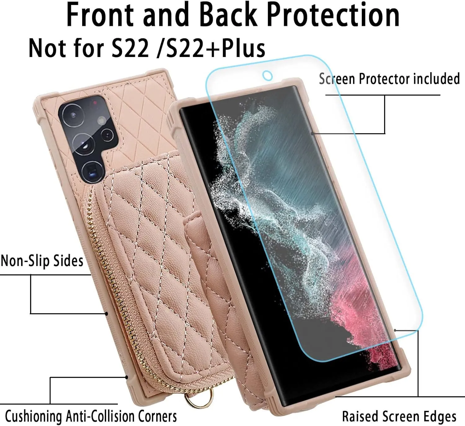 MONASAY Zipper Wallet Case Fit for Galaxy S22 Ultra 5G, [Screen Protector ][RFID Blocking] Flip Leather Handbag Phone Cover with Card Holder and Crossbody Shoulder Lanyard Strap, Rosegold