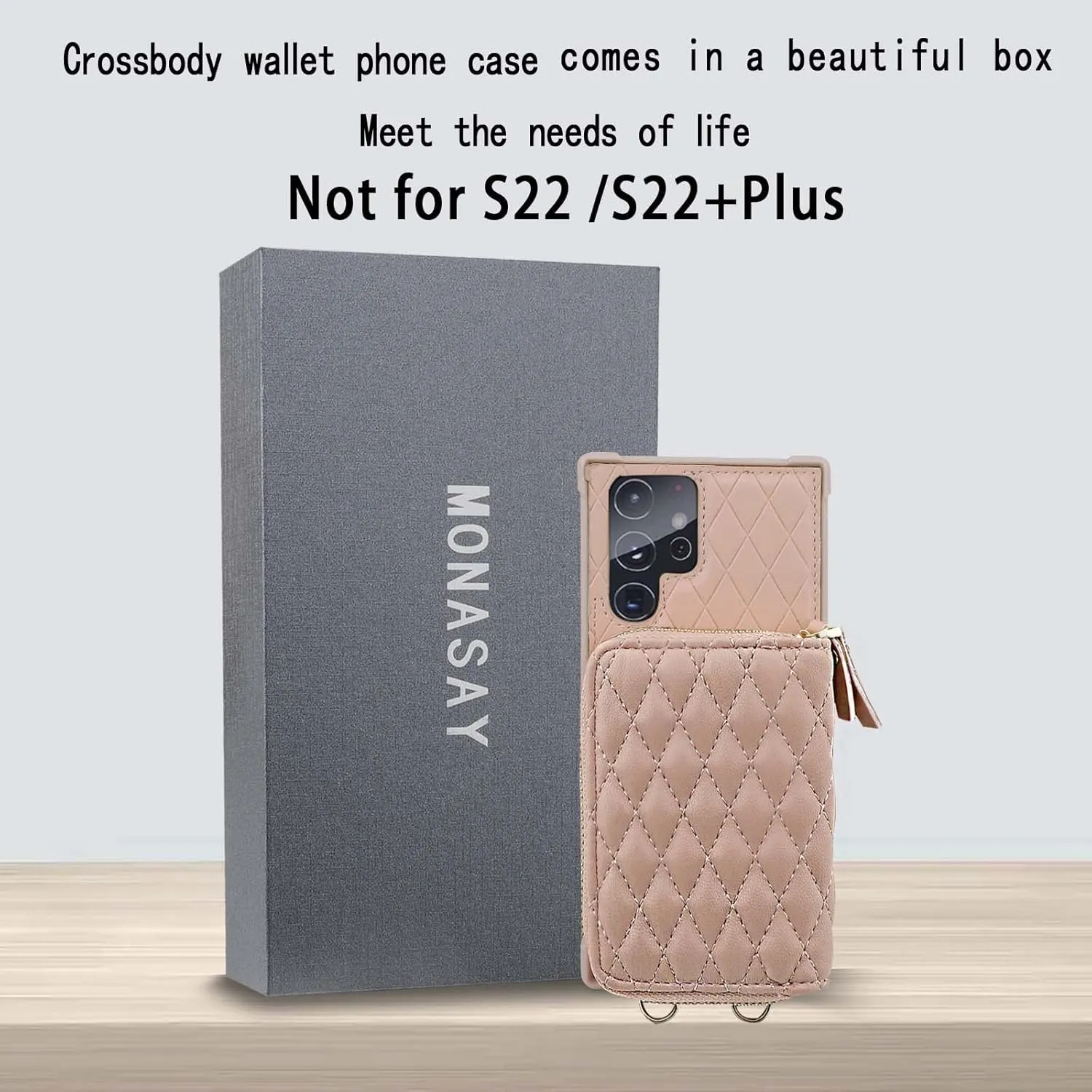 MONASAY Zipper Wallet Case Fit for Galaxy S22 Ultra 5G, [Screen Protector ][RFID Blocking] Flip Leather Handbag Phone Cover with Card Holder and Crossbody Shoulder Lanyard Strap, Rosegold