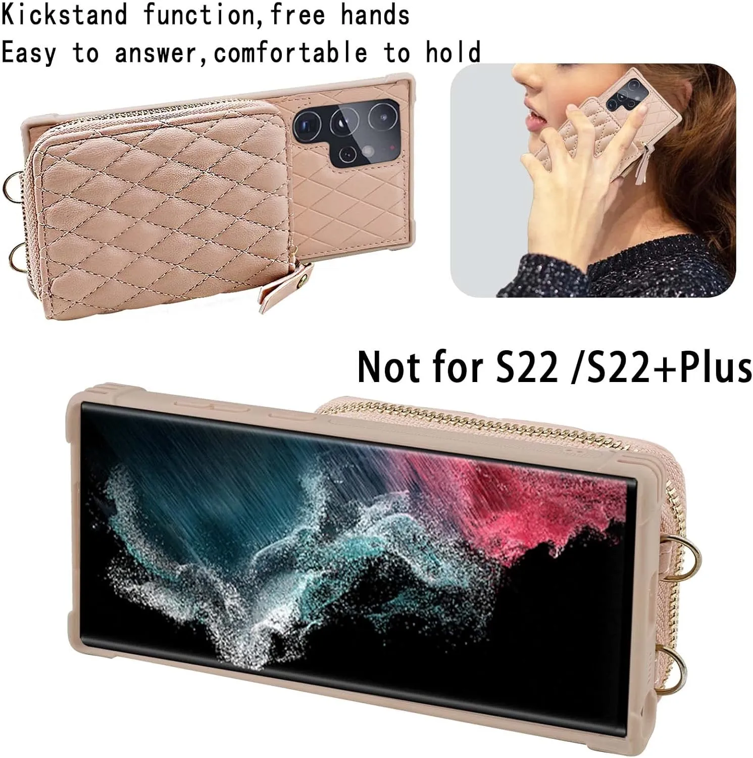 MONASAY Zipper Wallet Case Fit for Galaxy S22 Ultra 5G, [Screen Protector ][RFID Blocking] Flip Leather Handbag Phone Cover with Card Holder and Crossbody Shoulder Lanyard Strap, Rosegold