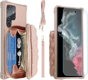 MONASAY Zipper Wallet Case Fit for Galaxy S22 Ultra 5G, [Screen Protector ][RFID Blocking] Flip Leather Handbag Phone Cover with Card Holder and Crossbody Shoulder Lanyard Strap, Rosegold