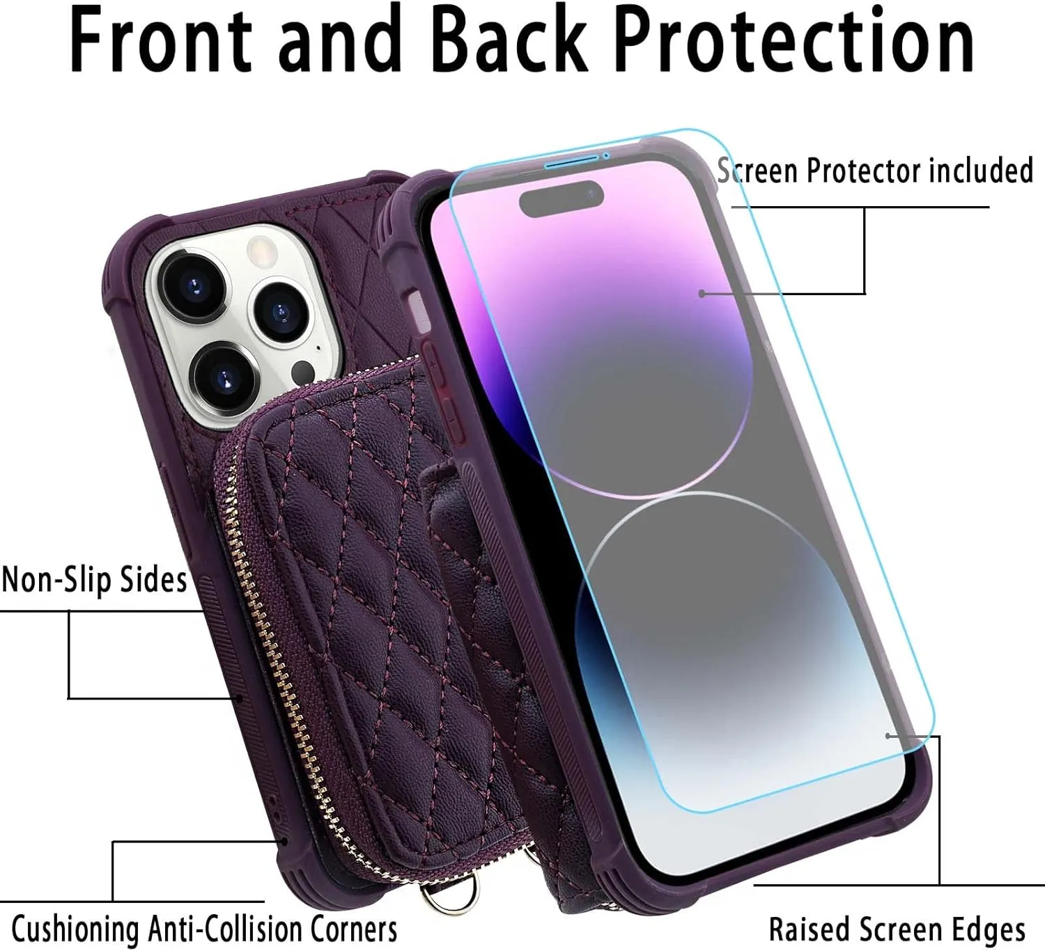 MONASAY Zipper Wallet Case Fit for iPhone 14 Pro, 6.1in [Glass Screen Protector ][RFID Blocking] Flip Leather Handbag Phone Cover with Card Holder,Detachable Crossbody Lanyard Strap,Purple