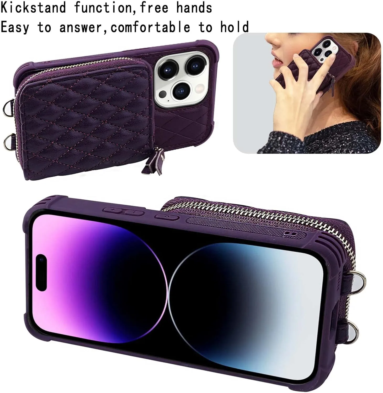 MONASAY Zipper Wallet Case Fit for iPhone 14 Pro, 6.1in [Glass Screen Protector ][RFID Blocking] Flip Leather Handbag Phone Cover with Card Holder,Detachable Crossbody Lanyard Strap,Purple