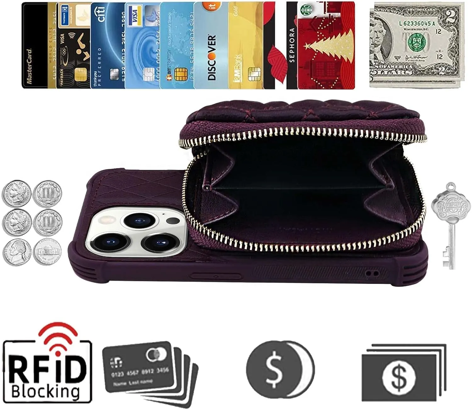 MONASAY Zipper Wallet Case Fit for iPhone 14 Pro, 6.1in [Glass Screen Protector ][RFID Blocking] Flip Leather Handbag Phone Cover with Card Holder,Detachable Crossbody Lanyard Strap,Purple