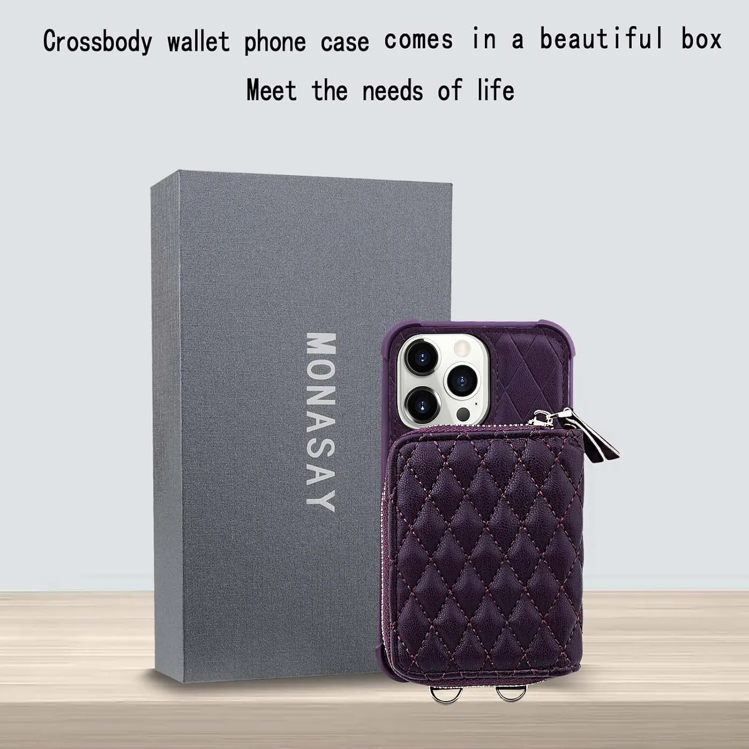 MONASAY Zipper Wallet Case Fit for iPhone 14 Pro, 6.1in [Glass Screen Protector ][RFID Blocking] Flip Leather Handbag Phone Cover with Card Holder,Detachable Crossbody Lanyard Strap,Purple