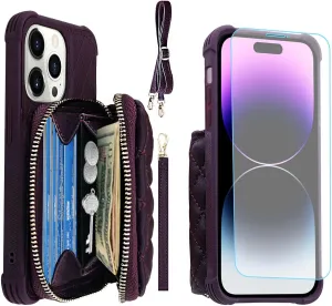 MONASAY Zipper Wallet Case Fit for iPhone 14 Pro, 6.1in [Glass Screen Protector ][RFID Blocking] Flip Leather Handbag Phone Cover with Card Holder,Detachable Crossbody Lanyard Strap,Purple