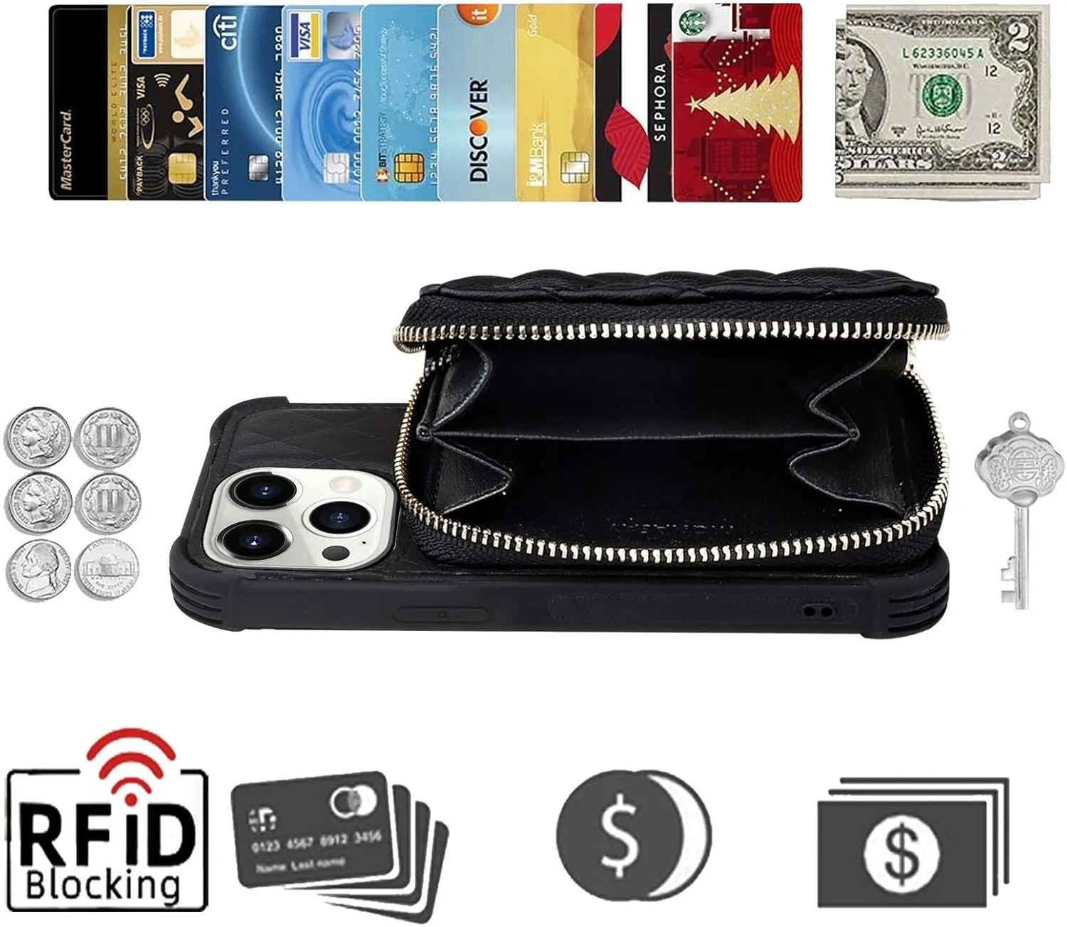 MONASAY Zipper Wallet Case Fit for iPhone 14 Pro Max, 6.7in [Glass Screen Protector ][RFID Blocking] Flip Leather Handbag Phone Cover with Card Holder and Crossbody Lanyard Strap, Black
