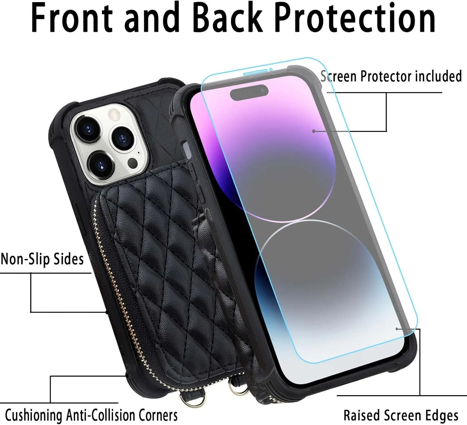 MONASAY Zipper Wallet Case Fit for iPhone 14 Pro Max, 6.7in [Glass Screen Protector ][RFID Blocking] Flip Leather Handbag Phone Cover with Card Holder and Crossbody Lanyard Strap, Black