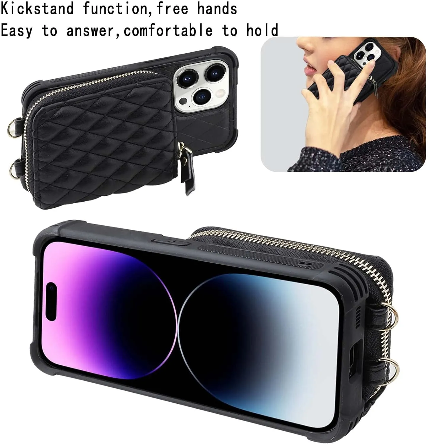 MONASAY Zipper Wallet Case Fit for iPhone 14 Pro Max, 6.7in [Glass Screen Protector ][RFID Blocking] Flip Leather Handbag Phone Cover with Card Holder and Crossbody Lanyard Strap, Black