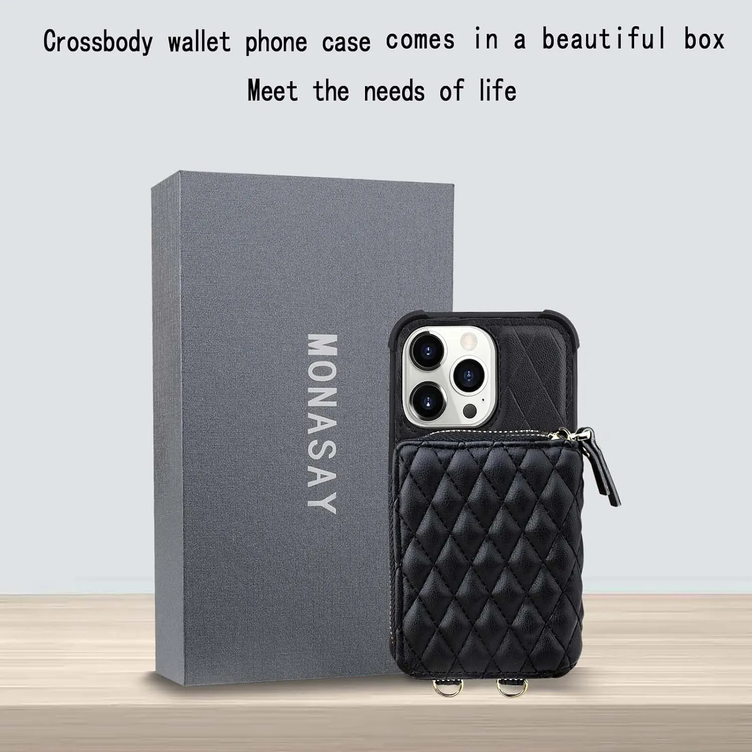 MONASAY Zipper Wallet Case Fit for iPhone 14 Pro Max, 6.7in [Glass Screen Protector ][RFID Blocking] Flip Leather Handbag Phone Cover with Card Holder and Crossbody Lanyard Strap, Black