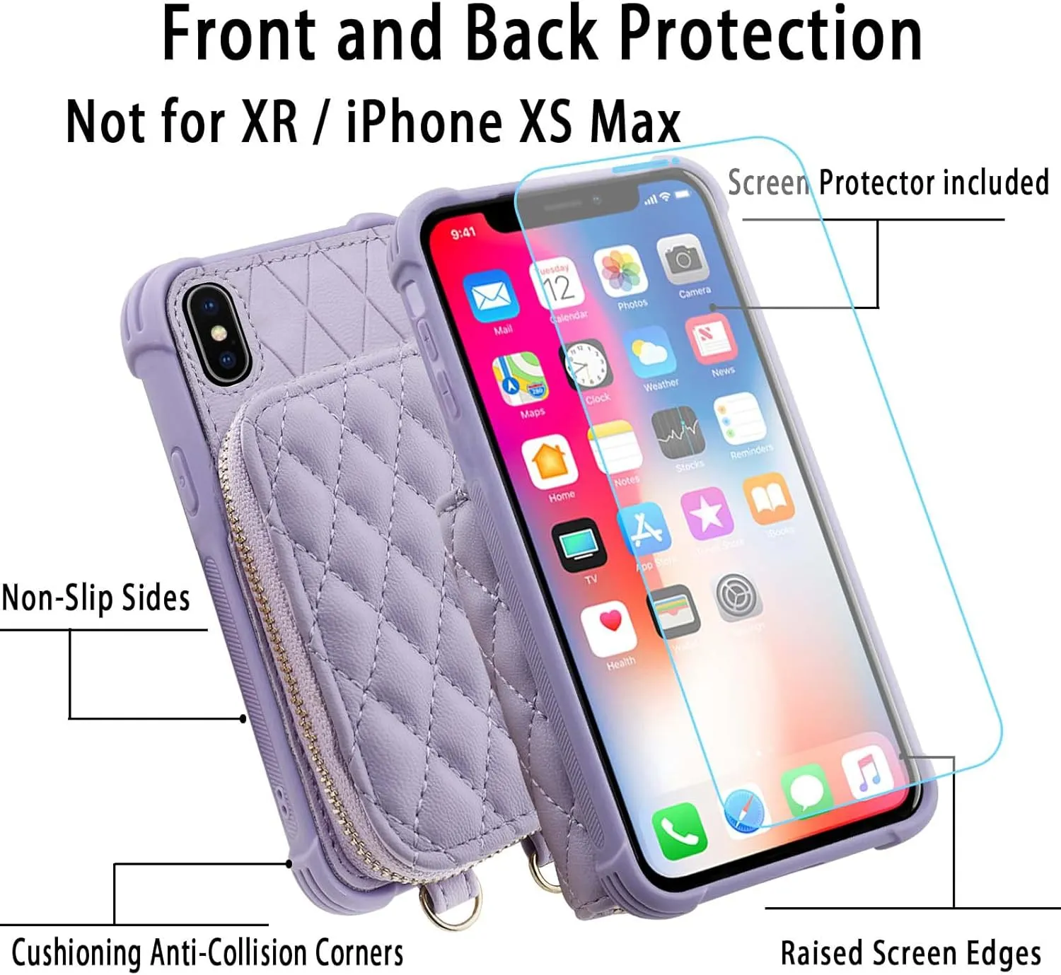 MONASAY Zipper Wallet Case Fit for iPhone X/XS,[Glass Screen Protector ][RFID Blocking] Flip Leather Handbag Phone Cover with Card Holder and Detachable Crossbody Shoulder Lanyard Strap, Light Purple