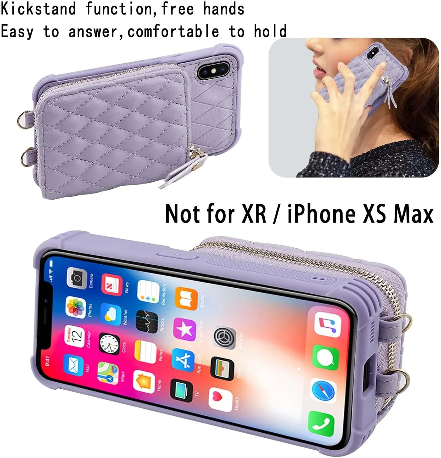 MONASAY Zipper Wallet Case Fit for iPhone X/XS,[Glass Screen Protector ][RFID Blocking] Flip Leather Handbag Phone Cover with Card Holder and Detachable Crossbody Shoulder Lanyard Strap, Light Purple