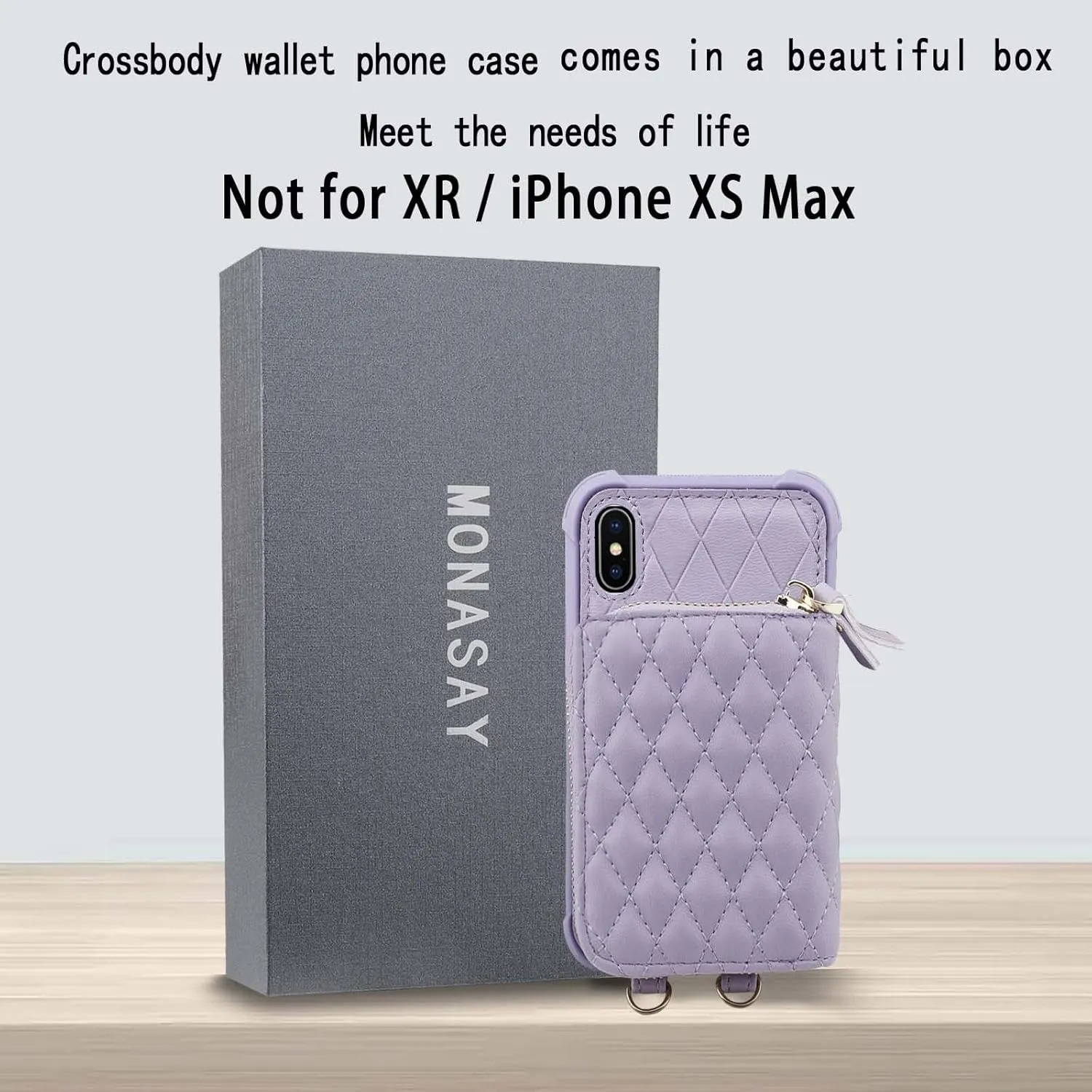 MONASAY Zipper Wallet Case Fit for iPhone X/XS,[Glass Screen Protector ][RFID Blocking] Flip Leather Handbag Phone Cover with Card Holder and Detachable Crossbody Shoulder Lanyard Strap, Light Purple