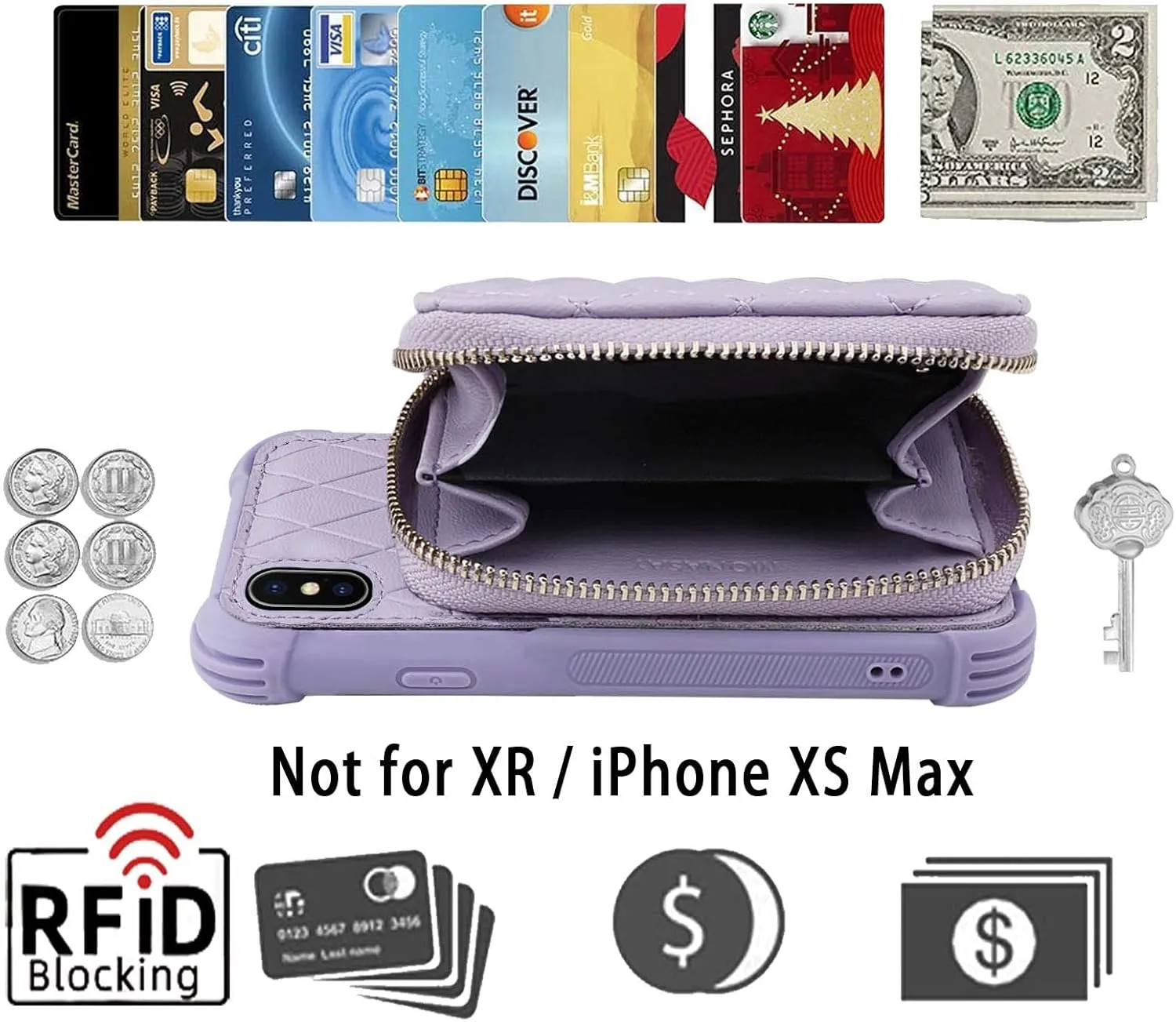 MONASAY Zipper Wallet Case Fit for iPhone X/XS,[Glass Screen Protector ][RFID Blocking] Flip Leather Handbag Phone Cover with Card Holder and Detachable Crossbody Shoulder Lanyard Strap, Light Purple