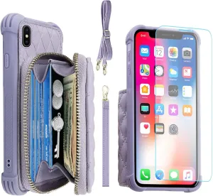 MONASAY Zipper Wallet Case Fit for iPhone X/XS,[Glass Screen Protector ][RFID Blocking] Flip Leather Handbag Phone Cover with Card Holder and Detachable Crossbody Shoulder Lanyard Strap, Light Purple