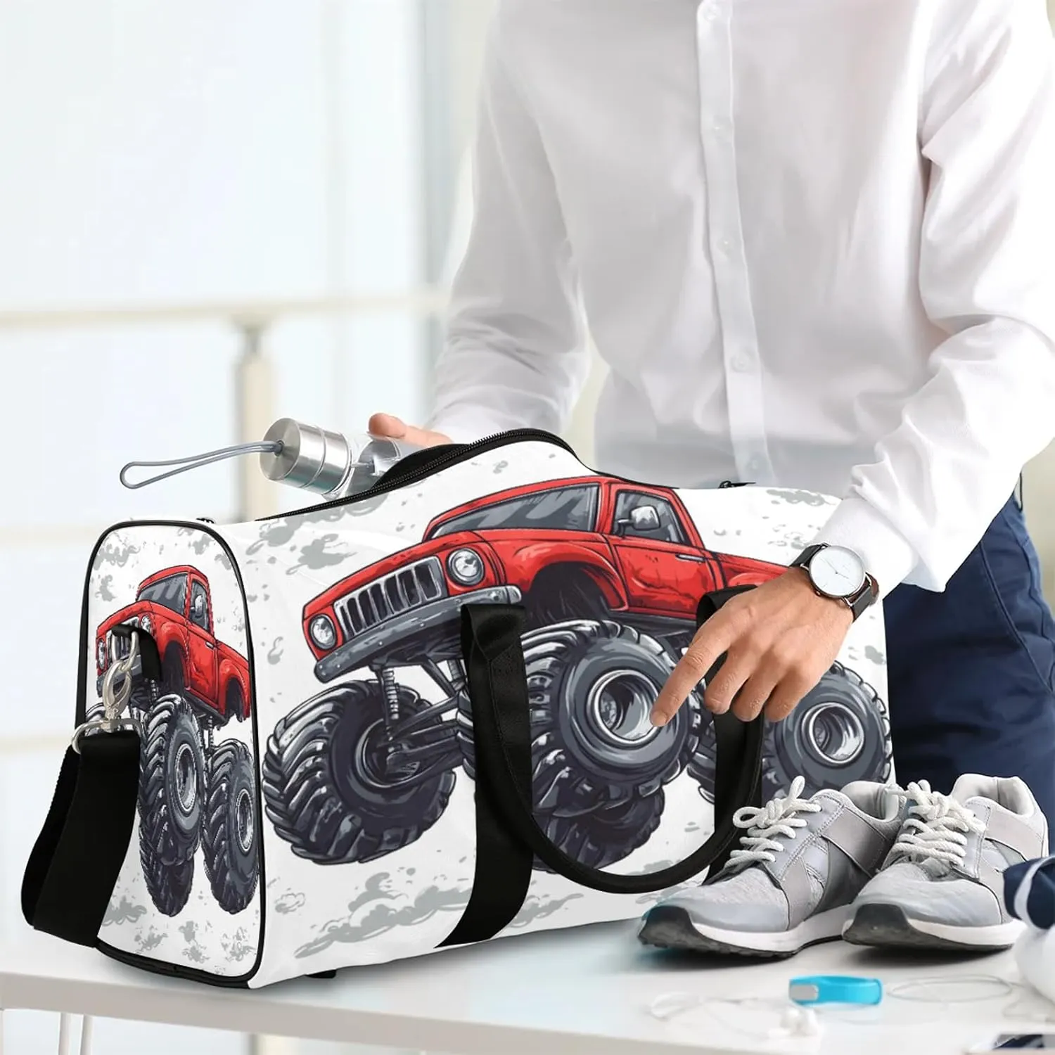 Monster Truck Duffle Bag for Travel, Overnight Weekend Gym Carry On Luggage Bag, Cartoon Car Travel Duffel Bag for Men Women