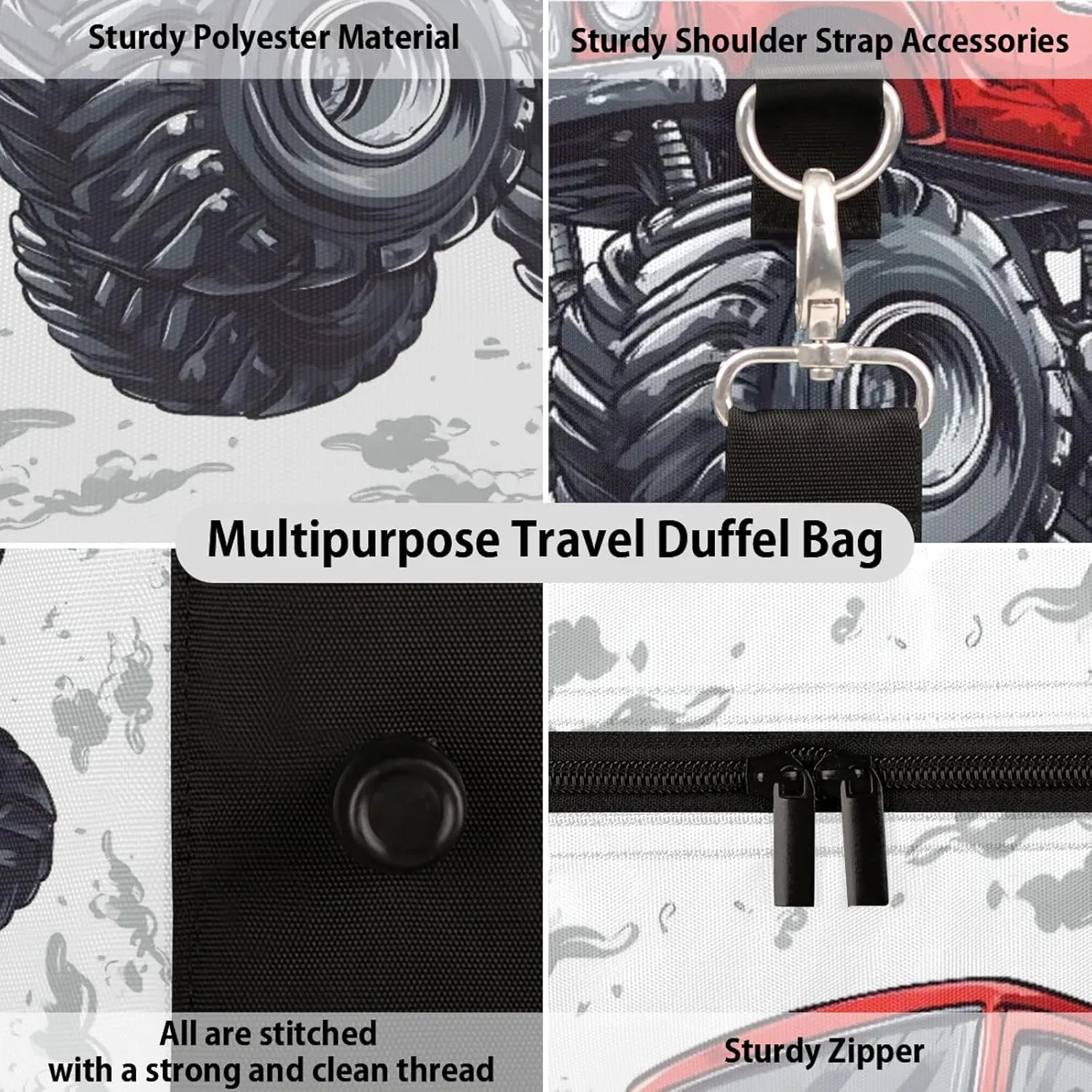 Monster Truck Duffle Bag for Travel, Overnight Weekend Gym Carry On Luggage Bag, Cartoon Car Travel Duffel Bag for Men Women