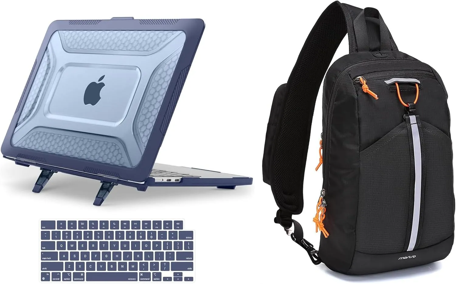 MOSISO Sling Bag RFID Crossbody Sling Backpack&Compatible with MacBook Air 13 inch Case 2024-2022 M3 M2,Honeycomb Heavy Duty TPU Bumper Case with Fold Kickstand&Keyboard Skin, Black&Navy Blue