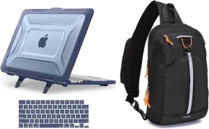 MOSISO Sling Bag RFID Crossbody Sling Backpack&Compatible with MacBook Air 13 inch Case 2024-2022 M3 M2,Honeycomb Heavy Duty TPU Bumper Case with Fold Kickstand&Keyboard Skin, Black&Navy Blue