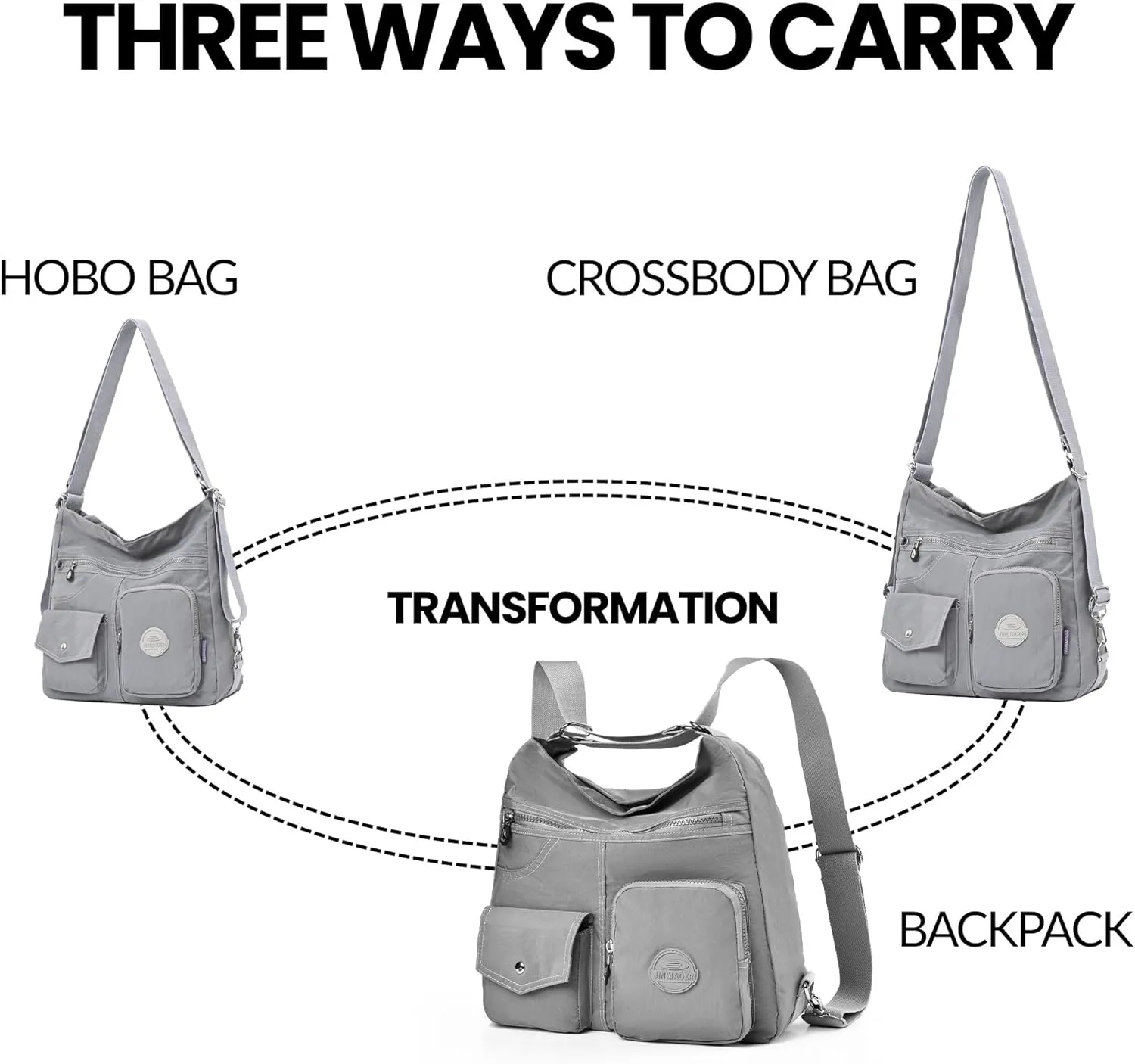 Multipurpose Hobo Purse for Women with Antitheft RFID, Waterproof Nylon Crossbody Bag Shoulder Handbag, Convertible Backpack