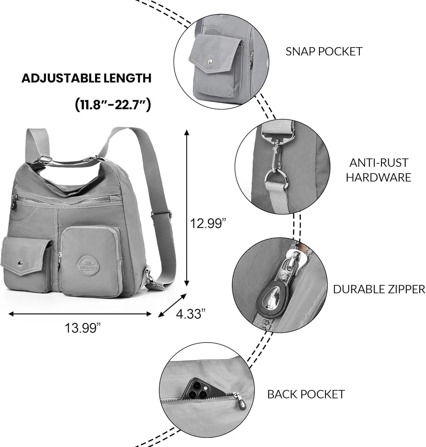 Multipurpose Hobo Purse for Women with Antitheft RFID, Waterproof Nylon Crossbody Bag Shoulder Handbag, Convertible Backpack