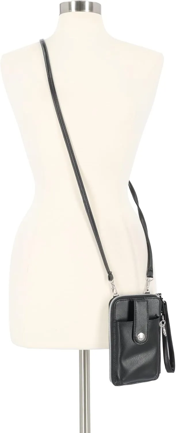 Mundi Jacqui RFID Blocking Crossbody Wallet Bag for Women, Compact Travel Size Cell Phone Holder Purse Vegan Leather, Black
