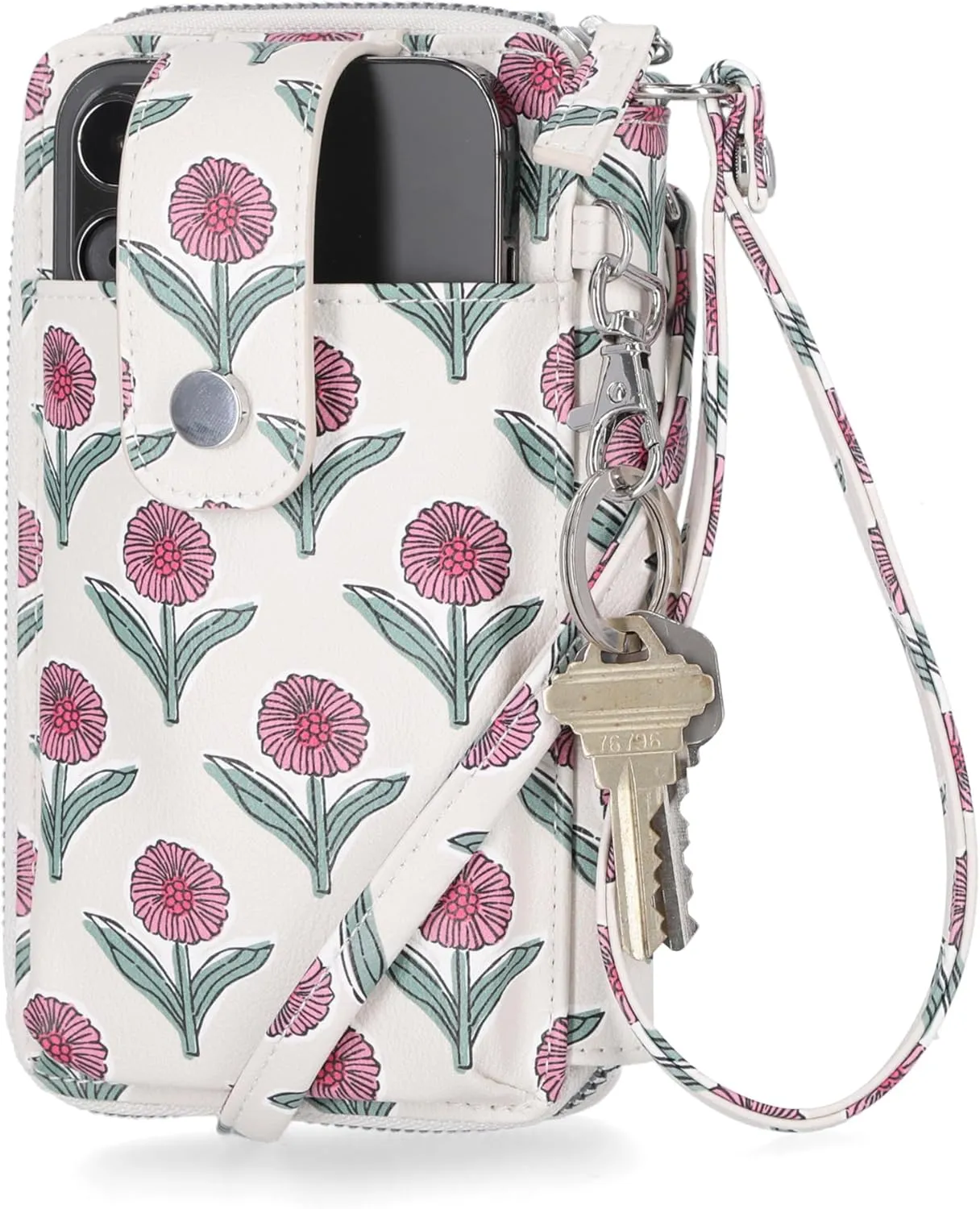 Mundi Jacqui RFID Crossbody Wallet for Women, Vegan Leather Small Travel Handbag with Phone Holder, Compact Organizer with Card Slots and Adjustable Strap, Vacation Purse in Dear Daisy