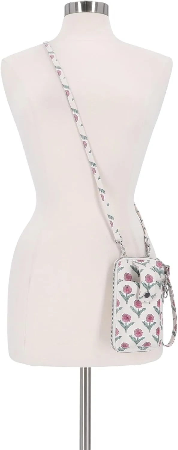 Mundi Jacqui RFID Crossbody Wallet for Women, Vegan Leather Small Travel Handbag with Phone Holder, Compact Organizer with Card Slots and Adjustable Strap, Vacation Purse in Dear Daisy