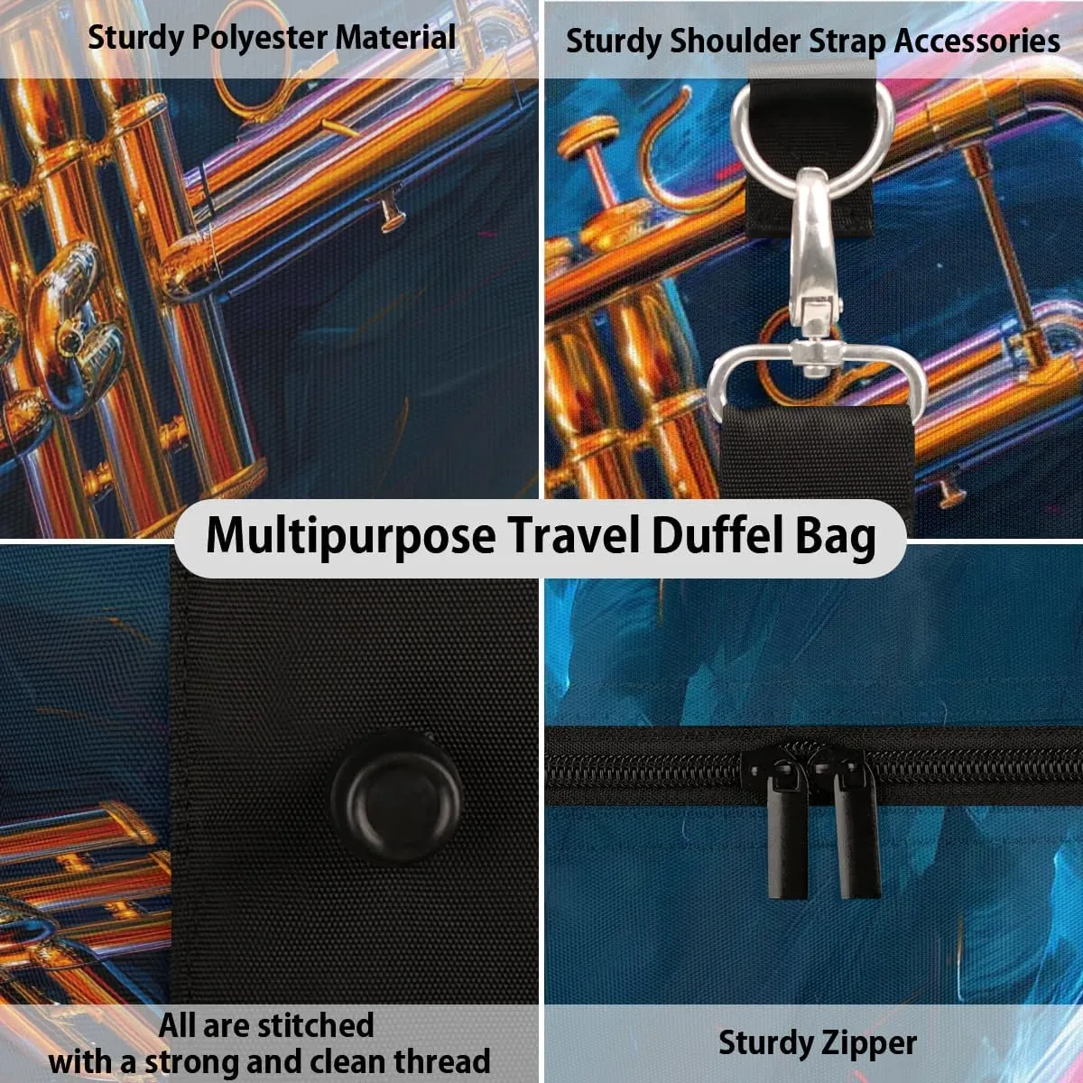 Musical Instrument Trumpet Travel Duffel Bag for Women Men Waterproof Foldable Overnight Weekender Bag Large Capacity Sports Gym Bag