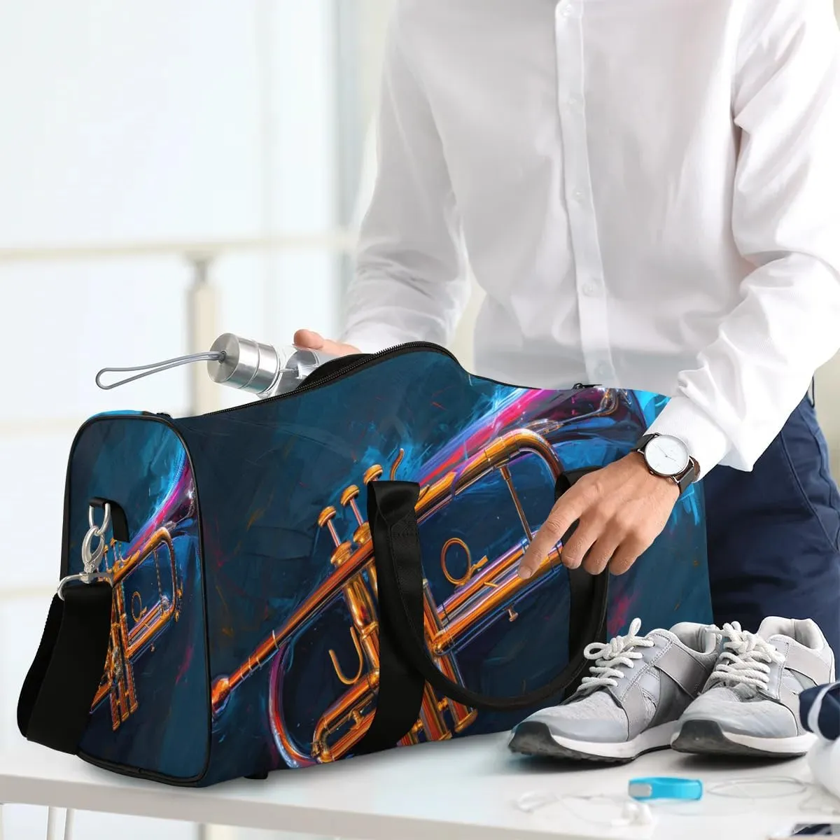 Musical Instrument Trumpet Travel Duffel Bag for Women Men Waterproof Foldable Overnight Weekender Bag Large Capacity Sports Gym Bag